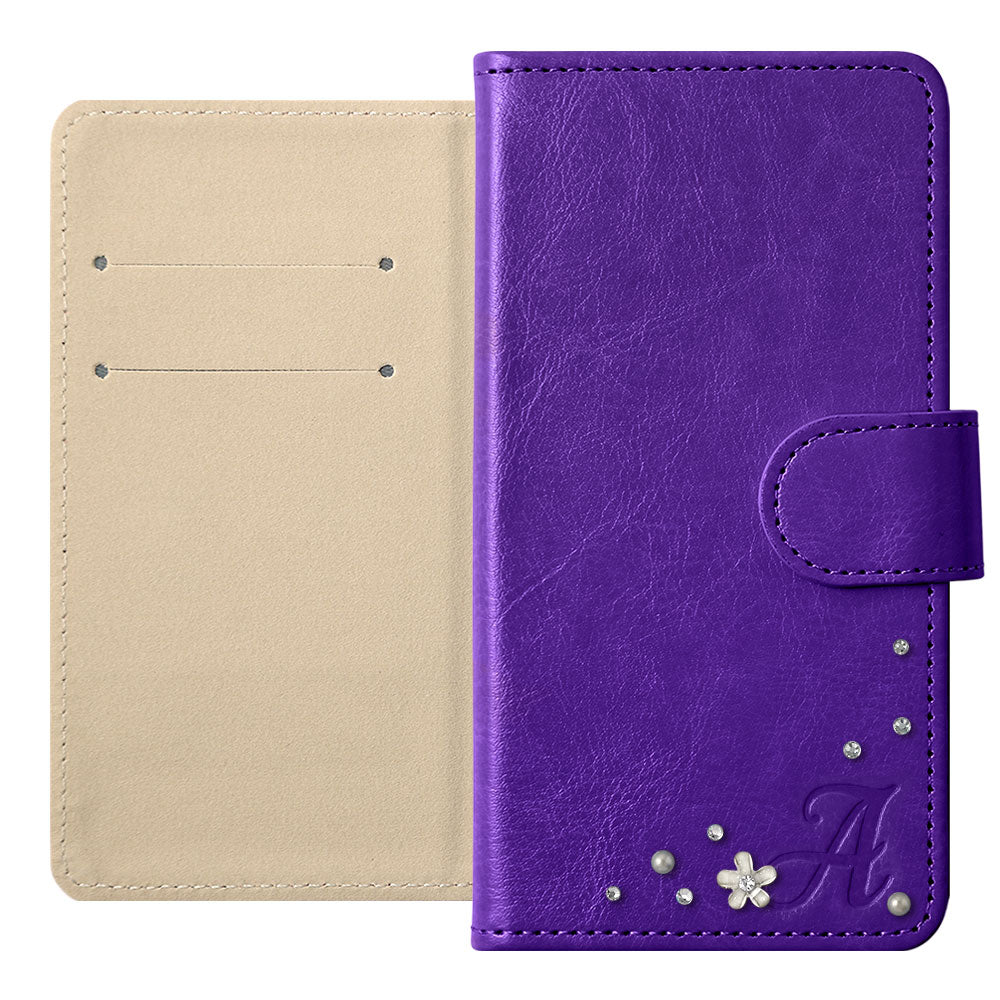Étui portefeuille simple en cuir végan avec initiale et pierre (avec ceinture) pour la série Xperia