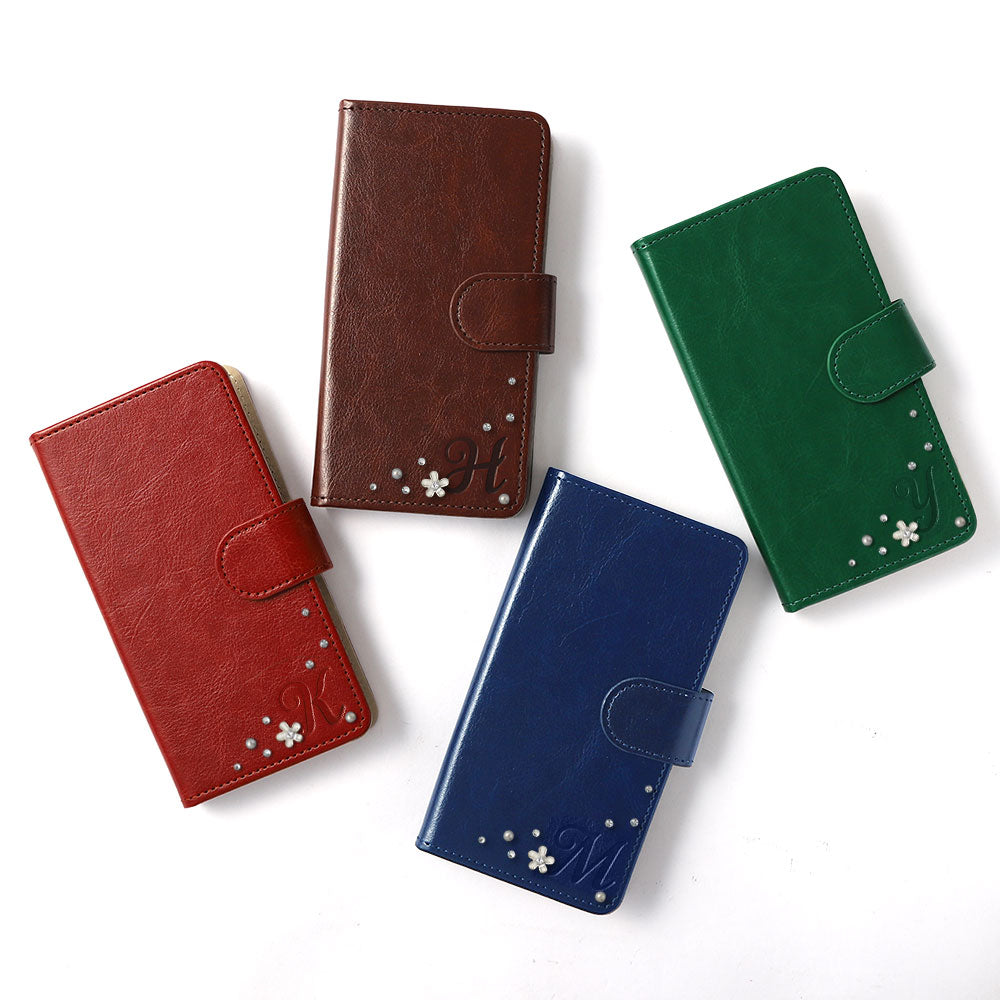 Vegan Leather Simple Initial Stone Wallet Case (With Belt) for AQUOS Series