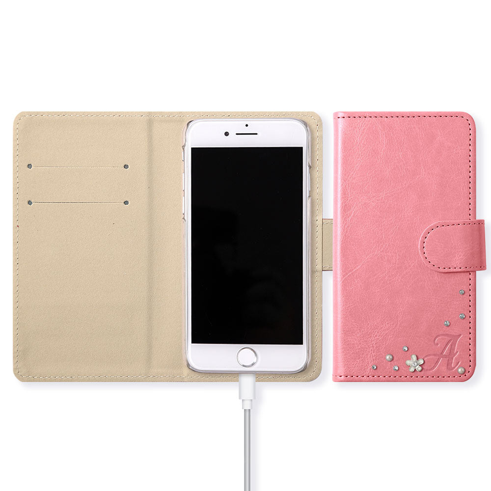Vegan Leather Simple Initial Stone Wallet Case (With Belt) for AQUOS Series
