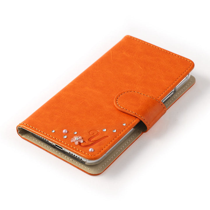 Étui portefeuille simple en cuir végan avec initiale et pierre (avec ceinture) pour la série Xperia