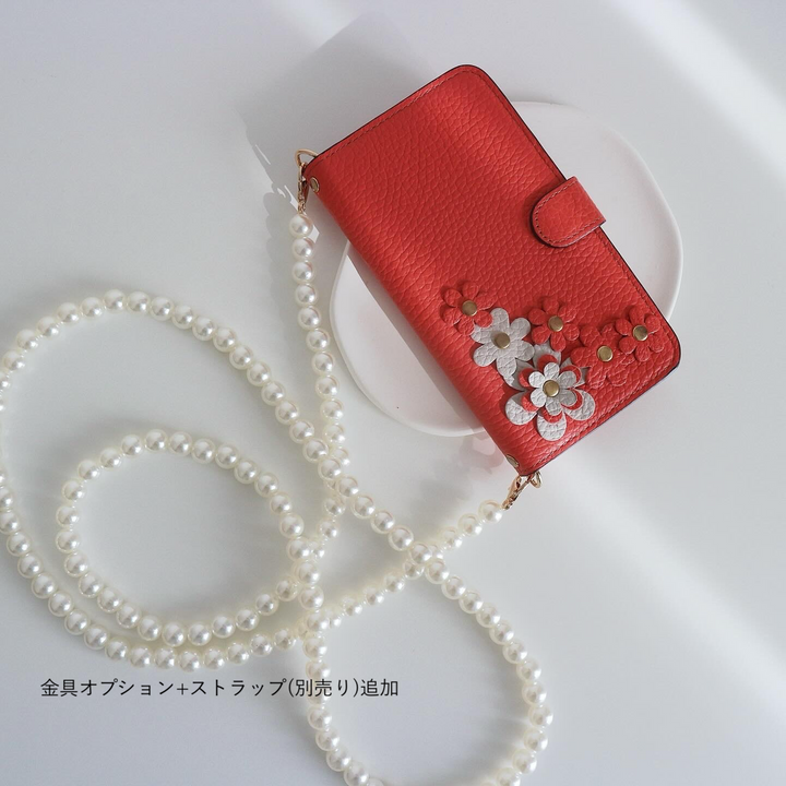 Genuine leather 32 colors Italian shrink leather flower motif B notebook-style case (with belt)