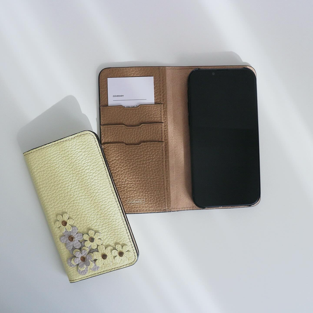 本革 32色 イタリアンシュリンクレザー フラワーモチーフB 手帳型ケース