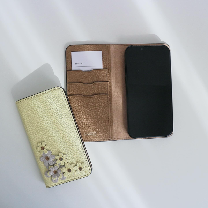 本革 32色 イタリアンシュリンクレザー フラワーモチーフB 手帳型ケース