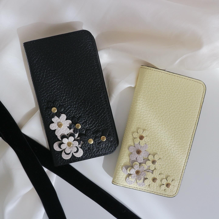 本革 32色 イタリアンシュリンクレザー フラワーモチーフB 手帳型ケース