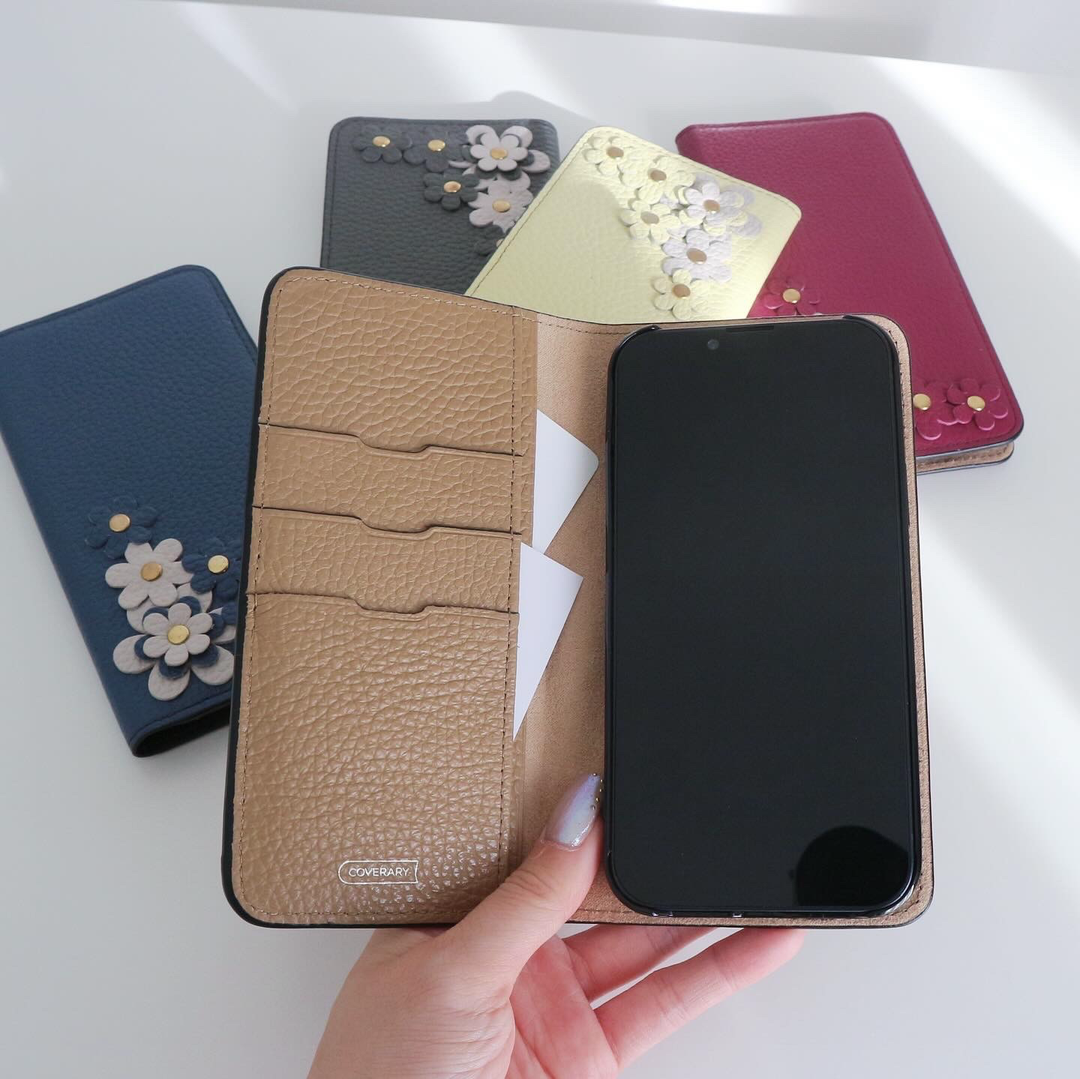 本革 32色 イタリアンシュリンクレザー フラワーモチーフB 手帳型ケース