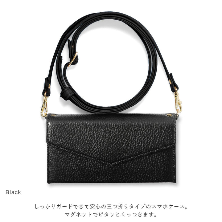 本革 イタリアンシュリンクレザー レター型三つ折り ショルダーストラップ付き 手帳型ケース