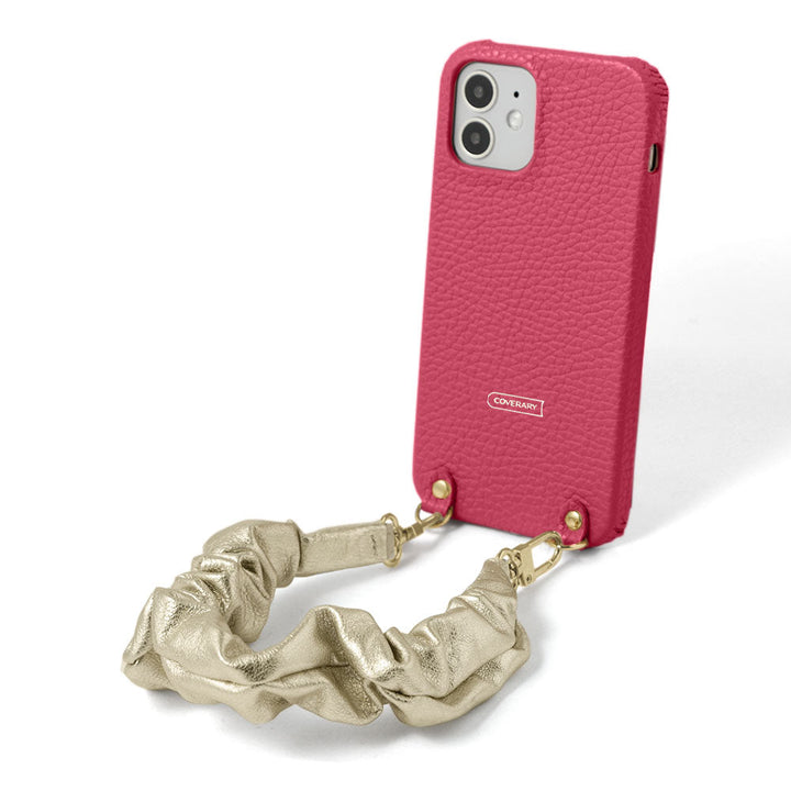 Genuine leather 32 colors Italian shrink leather with chouchou-style short strap back case for iPhone series