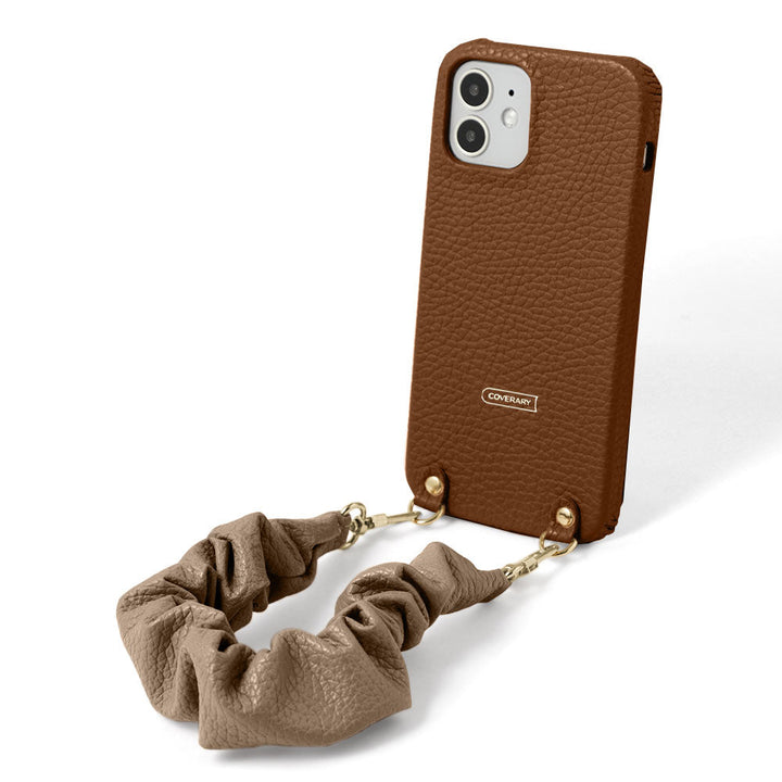 Genuine leather 32 colors Italian shrink leather with chouchou-style short strap back case for iPhone series
