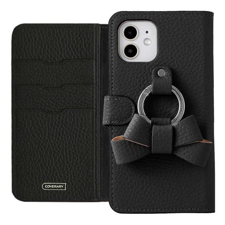 Genuine leather 32 colors Italian shrink leather notebook-style case with ribbon smartphone ring (with belt)