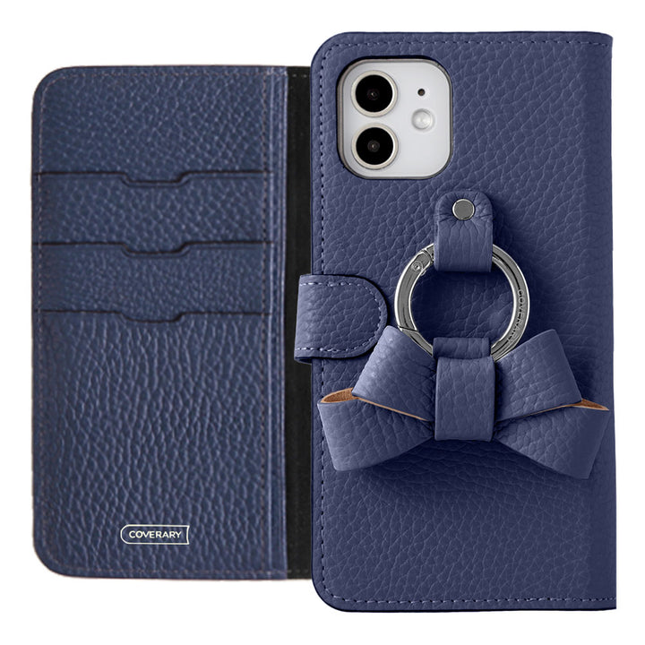 Genuine leather 32 colors Italian shrink leather notebook-style case with ribbon smartphone ring (with belt)