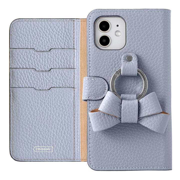 Genuine leather 32 colors Italian shrink leather notebook-style case with ribbon smartphone ring (with belt)