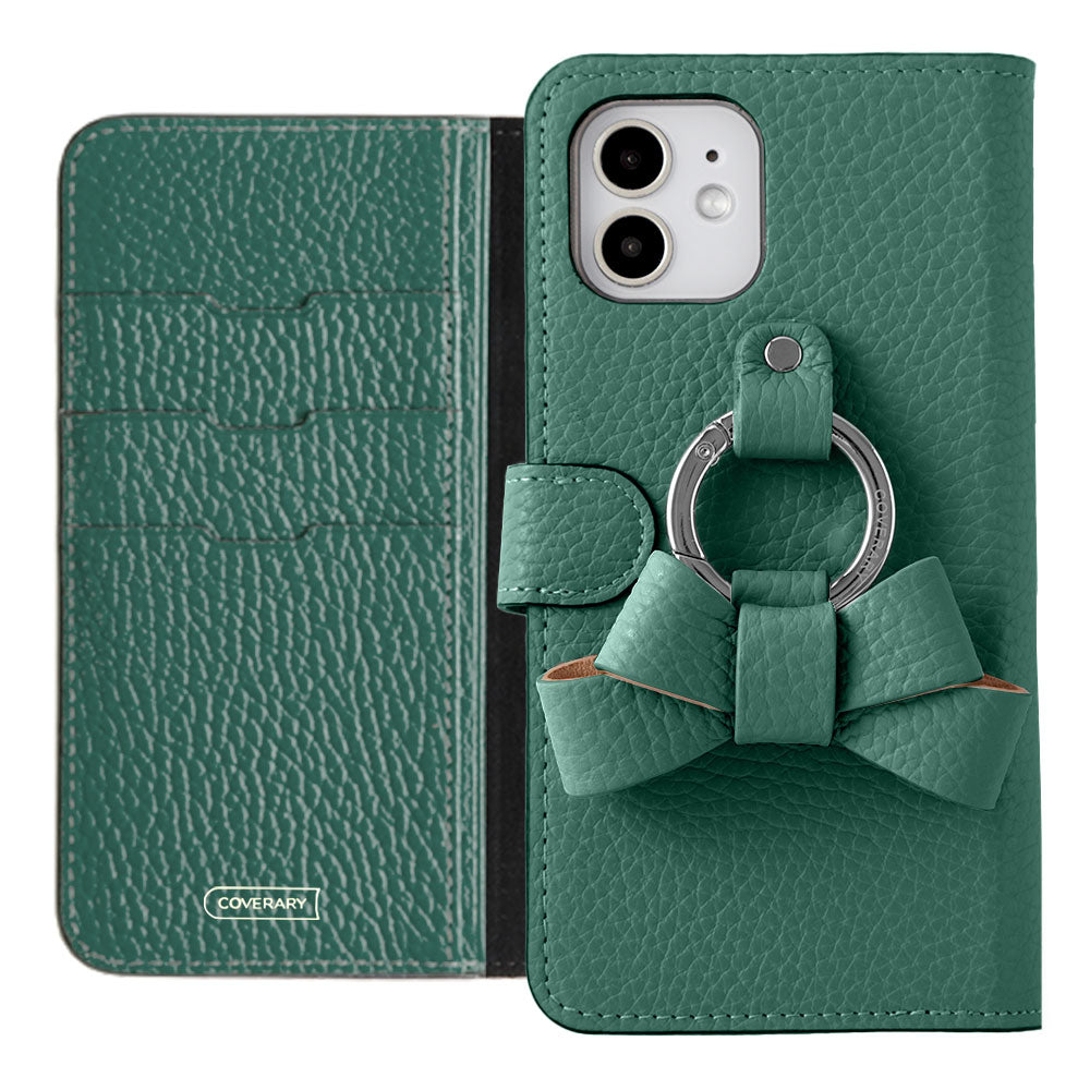 Genuine leather 32 colors Italian shrink leather notebook-style case with ribbon smartphone ring (with belt)