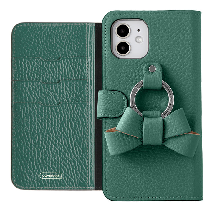 Genuine leather 32 colors Italian shrink leather notebook-style case with ribbon smartphone ring (with belt)