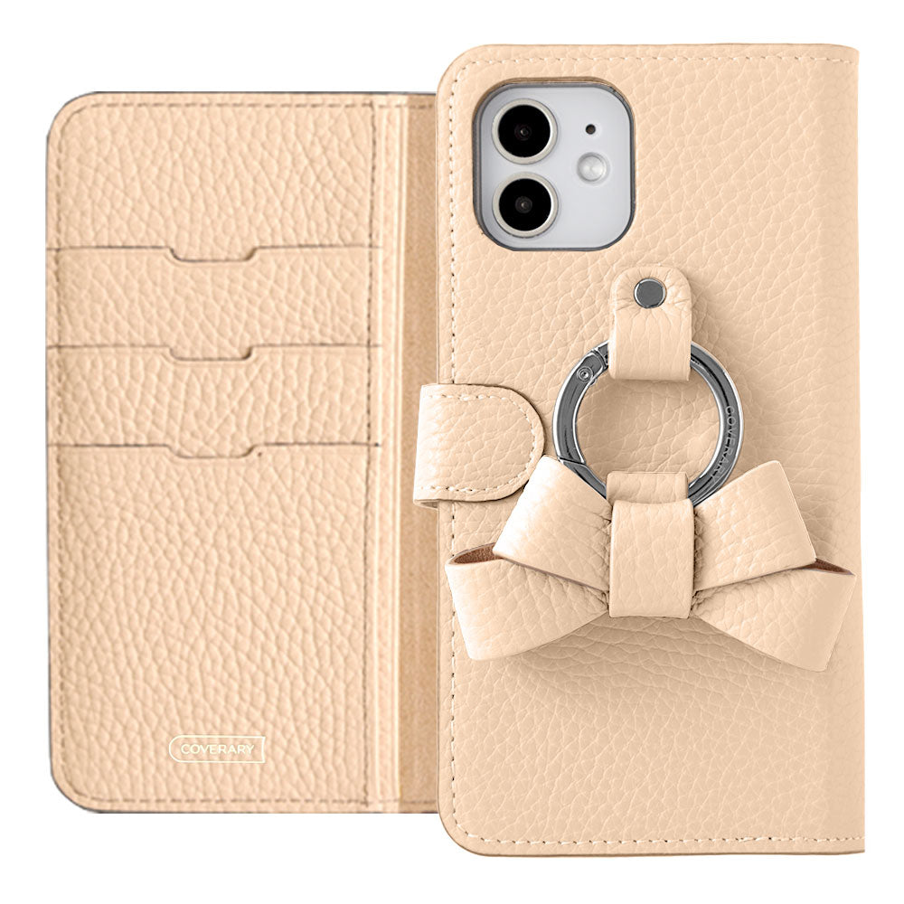 Genuine leather 32 colors Italian shrink leather notebook-style case with ribbon smartphone ring (with belt)