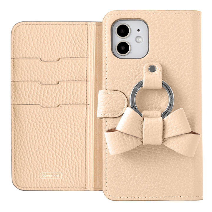 Genuine leather 32 colors Italian shrink leather notebook-style case with ribbon smartphone ring (with belt)