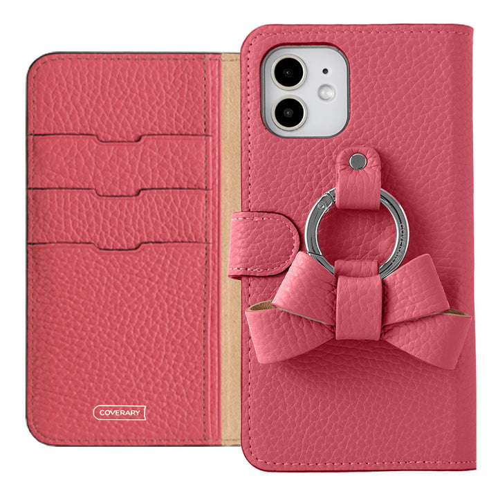 Étui portefeuille en cuir véritable italien grainé 32 couleurs avec anneau smartphone ruban (avec ceinture) pour la série iPhone