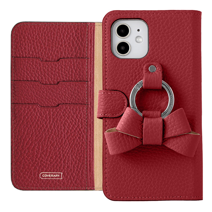 Genuine leather 32 colors Italian shrink leather notebook-style case with ribbon smartphone ring (with belt)
