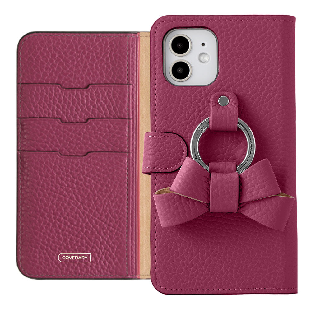 Genuine leather 32 colors Italian shrink leather notebook-style case with ribbon smartphone ring (with belt)