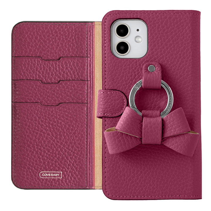 Genuine leather 32 colors Italian shrink leather notebook-style case with ribbon smartphone ring (with belt)