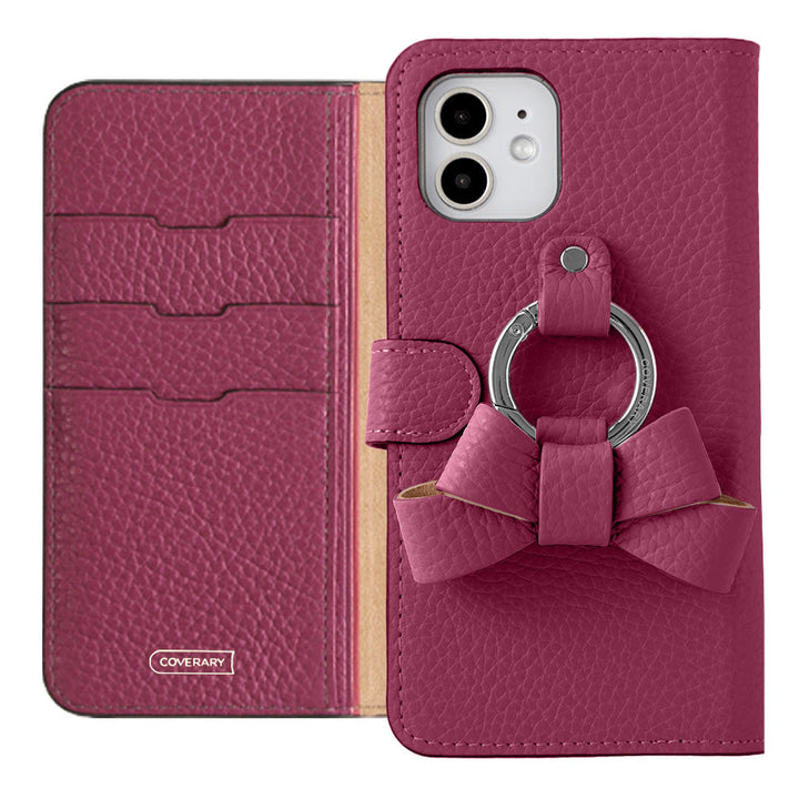 Étui portefeuille en cuir véritable italien grainé 32 couleurs avec anneau smartphone ruban (avec ceinture) pour la série iPhone