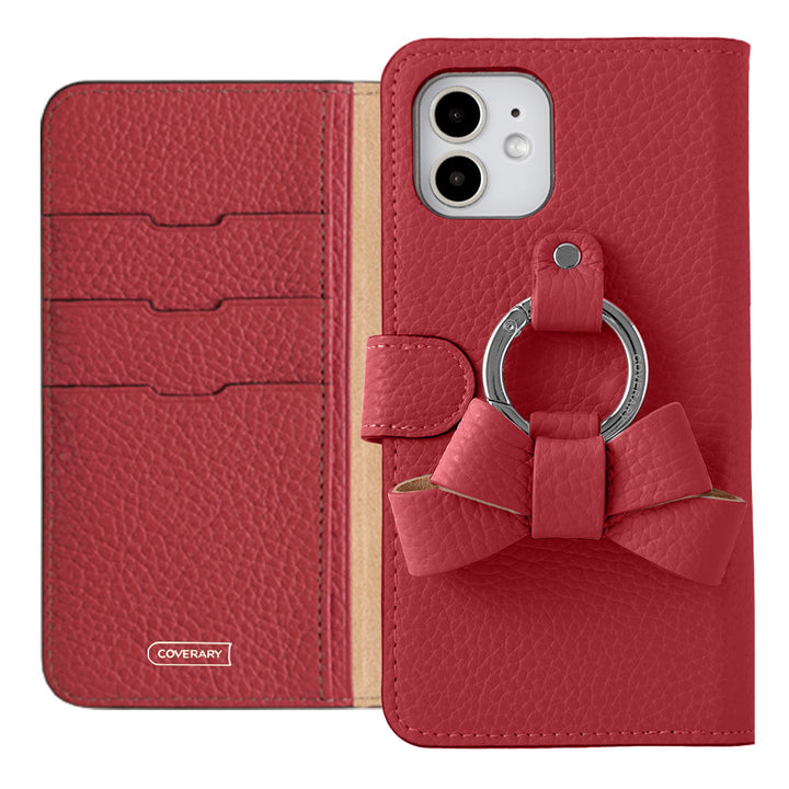 Genuine leather 32 colors Italian shrink leather notebook-style case with ribbon smartphone ring (with belt)