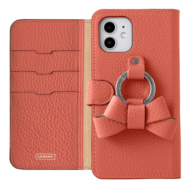 Étui portefeuille en cuir véritable italien grainé 32 couleurs avec anneau smartphone ruban (avec ceinture) pour la série iPhone