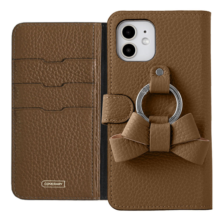 Genuine leather 32 colors Italian shrink leather notebook-style case with ribbon smartphone ring (with belt)