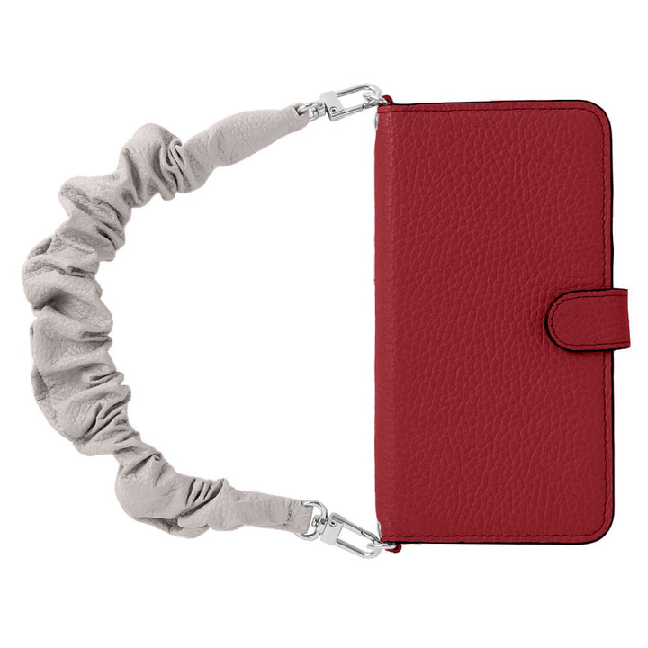 Genuine leather 32 colors Italian shrink leather with chouchou-style short strap notebook-type case (with belt) for iPhone series