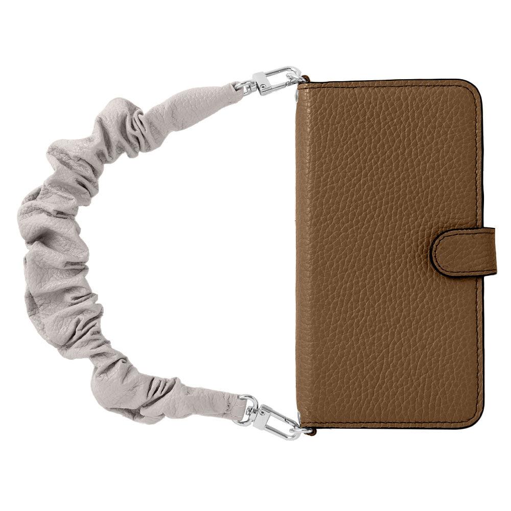 Genuine leather 32 colors Italian shrink leather with chouchou-style short strap notebook-type case (with belt) for iPhone series