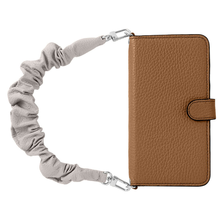 Genuine leather 32 colors Italian shrink leather with chouchou-style short strap notebook-type case (with belt) for iPhone series