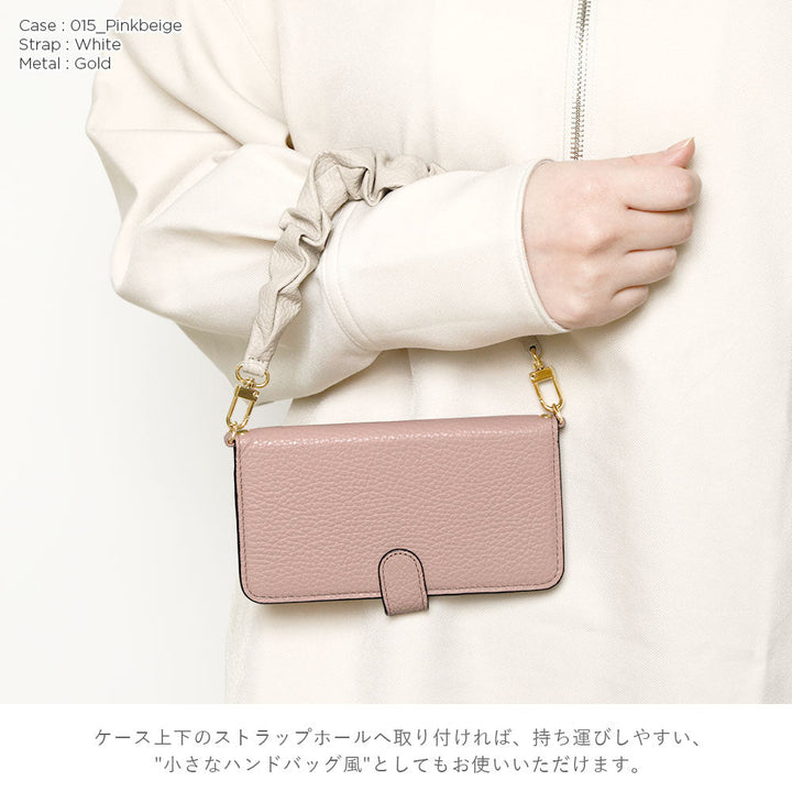 Genuine leather 32 colors Italian shrink leather with chouchou-style short strap notebook-type case (with belt) for iPhone series