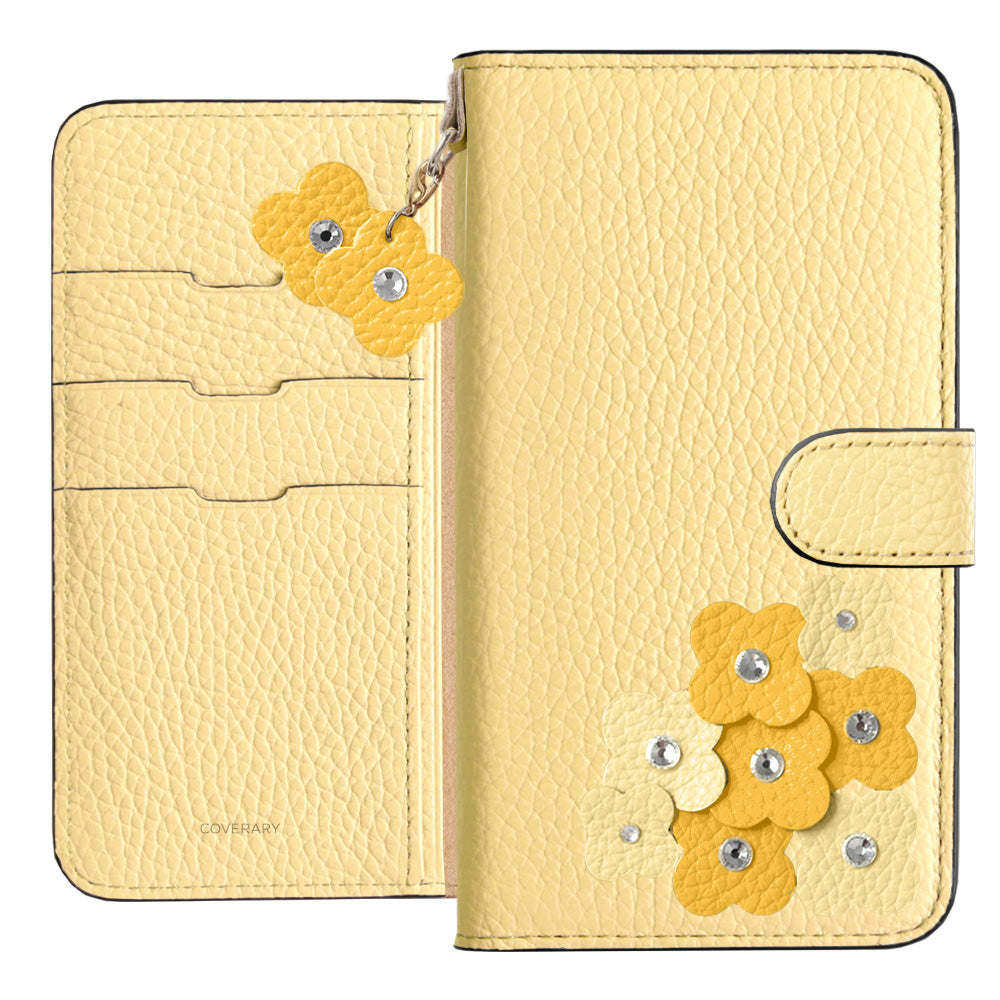 Étui portefeuille en cuir italien grainé 32 couleurs avec breloque pétale (avec ceinture)