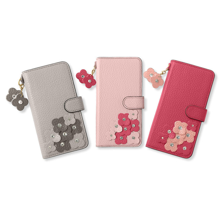 本革 32色 イタリアンシュリンクレザー 花びらチャーム 手帳型ケース（ベルトあり）AQUOSシリーズ
