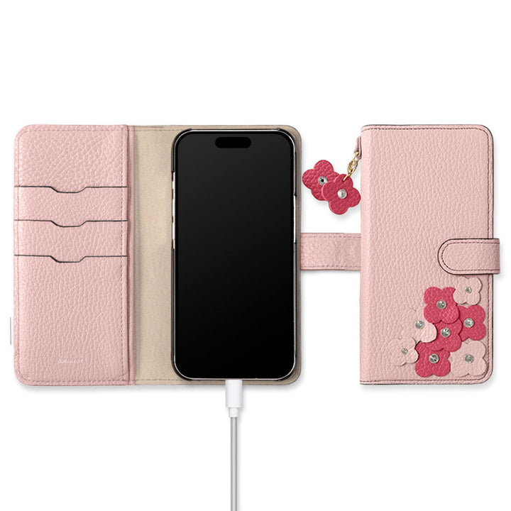 本革 32色 イタリアンシュリンクレザー 花びらチャーム 手帳型ケース（ベルトあり）iPhoneシリーズ