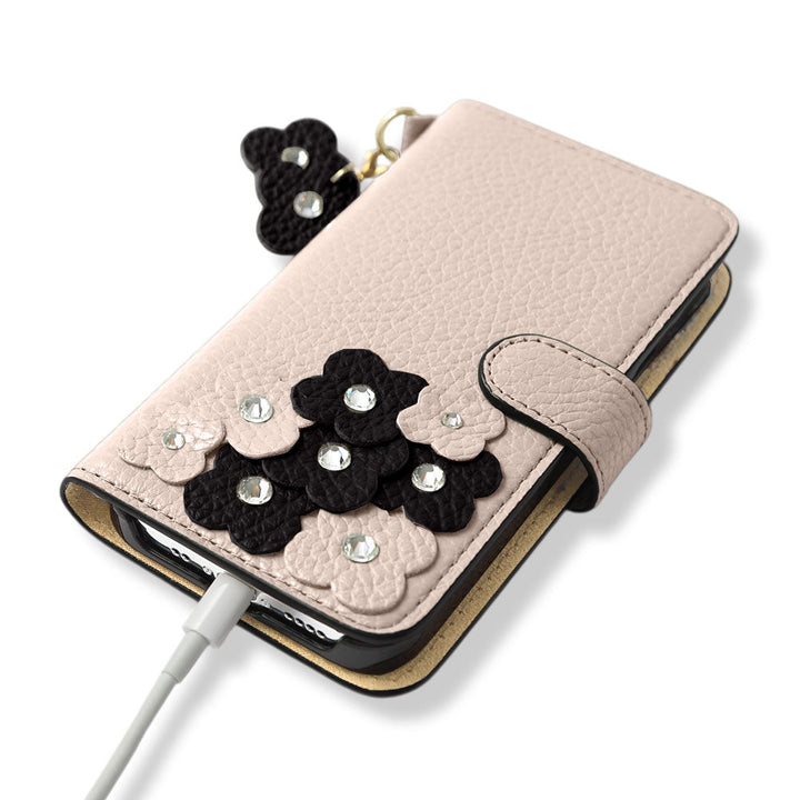 本革 32色 イタリアンシュリンクレザー 花びらチャーム 手帳型ケース（ベルトあり）Xperiaシリーズ