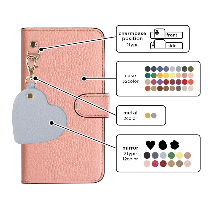 Genuine Leather 32 Colors Italian Shrink Leather Motif Mirror Charm Notebook Case (With Belt)