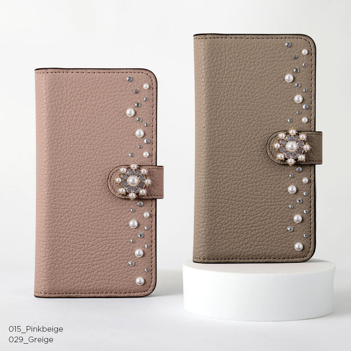 Genuine leather 32 colors Italian shrink leather pompom flower notebook-style case (with belt) AQUOS series