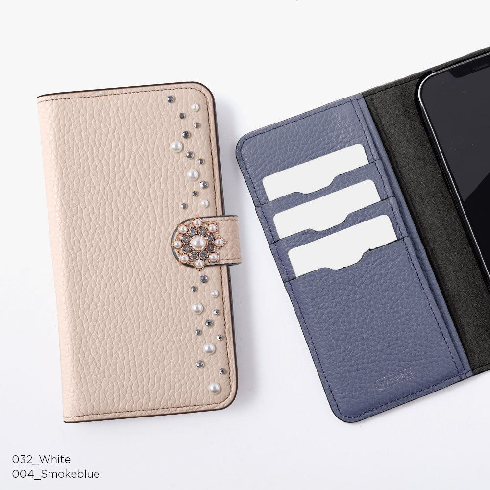 本革 32色 イタリアンシュリンクレザー ポンポンフラワー 手帳型ケース（ベルトあり）Xperiaシリーズ