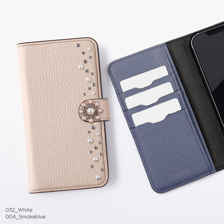 Genuine leather 32 colors Italian shrink leather pompom flower notebook-style case (with belt) AQUOS series