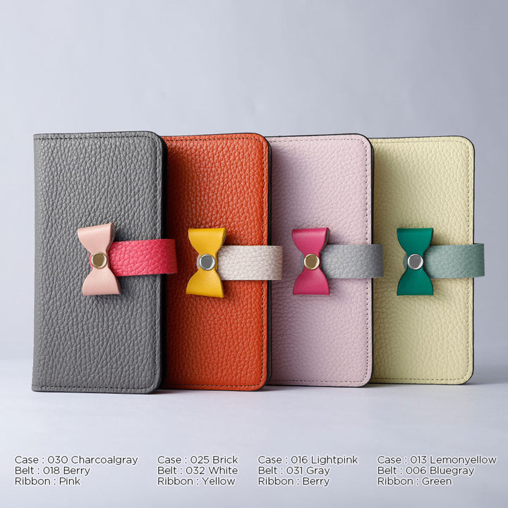 Étui portefeuille en cuir véritable italien grainé 32 couleurs, ceinture 3-en-1 et décoration ruban pour la série AQUOS