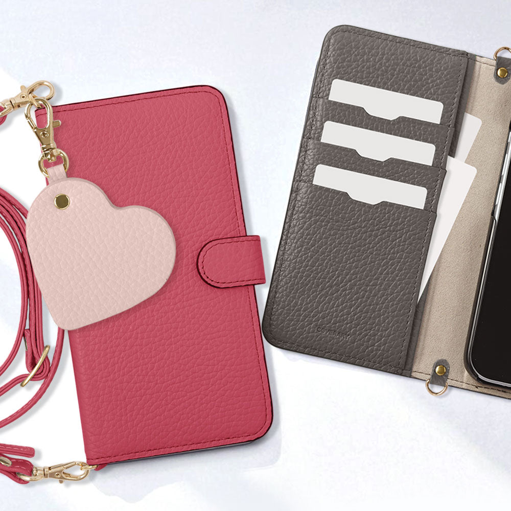 Étui portefeuille en cuir véritable 32 couleurs cuir italien grainé avec motif miroir charm, bandoulière incluse (avec ceinture) pour la série AQUOS