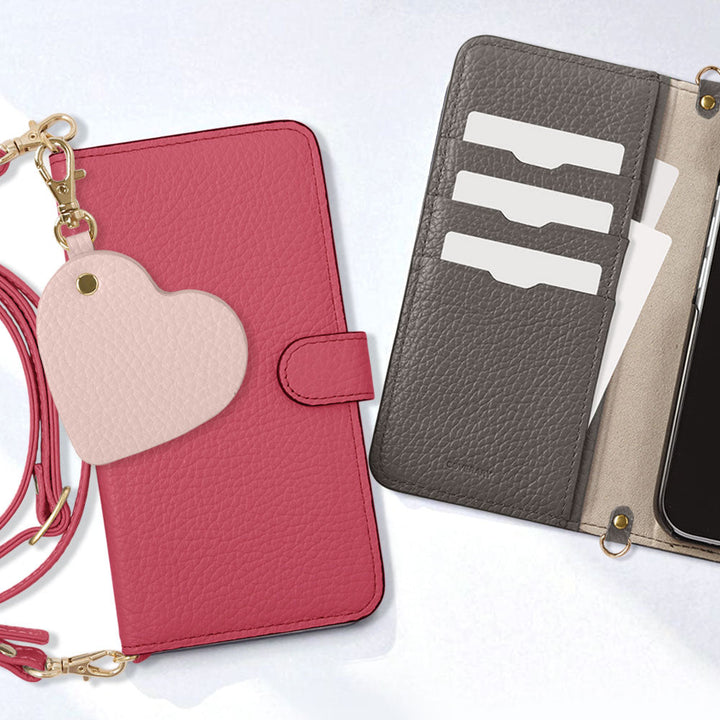 Étui portefeuille en cuir véritable 32 couleurs cuir italien grainé avec motif miroir charm, bandoulière incluse (avec ceinture) pour la série AQUOS