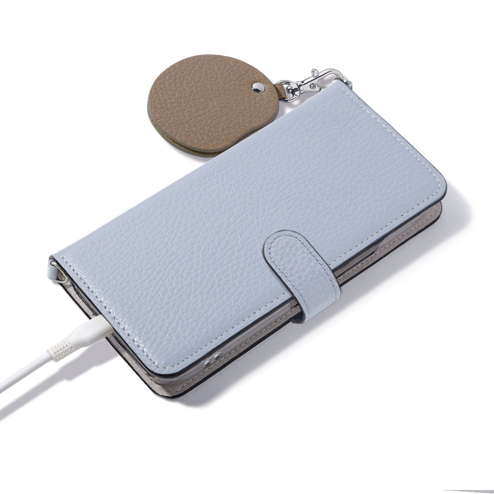 Étui portefeuille en cuir véritable 32 couleurs cuir italien grainé avec motif miroir charm, bandoulière incluse (avec ceinture) pour la série AQUOS