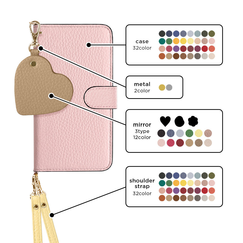 Genuine Leather 32 Colors Italian Shrink Leather Motif Mirror Charm with Shoulder Strap Notebook-style Case (with Belt) for Xperia Series