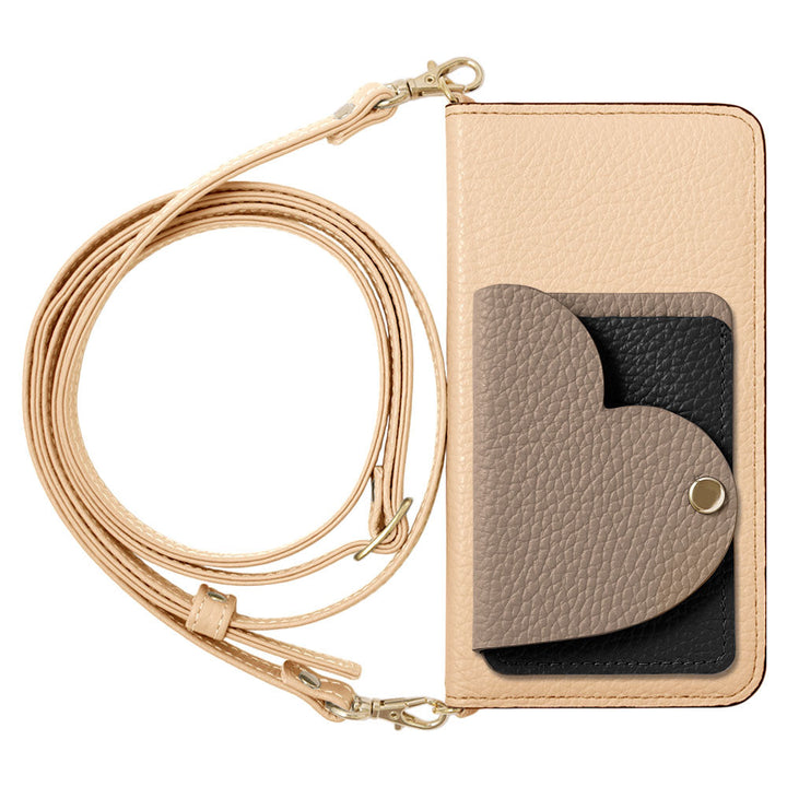 Cuir véritable 32 couleurs cuir italien grainé étui à cartes miroir en forme de cœur avec bandoulière étui à rabat pour la série Galaxy