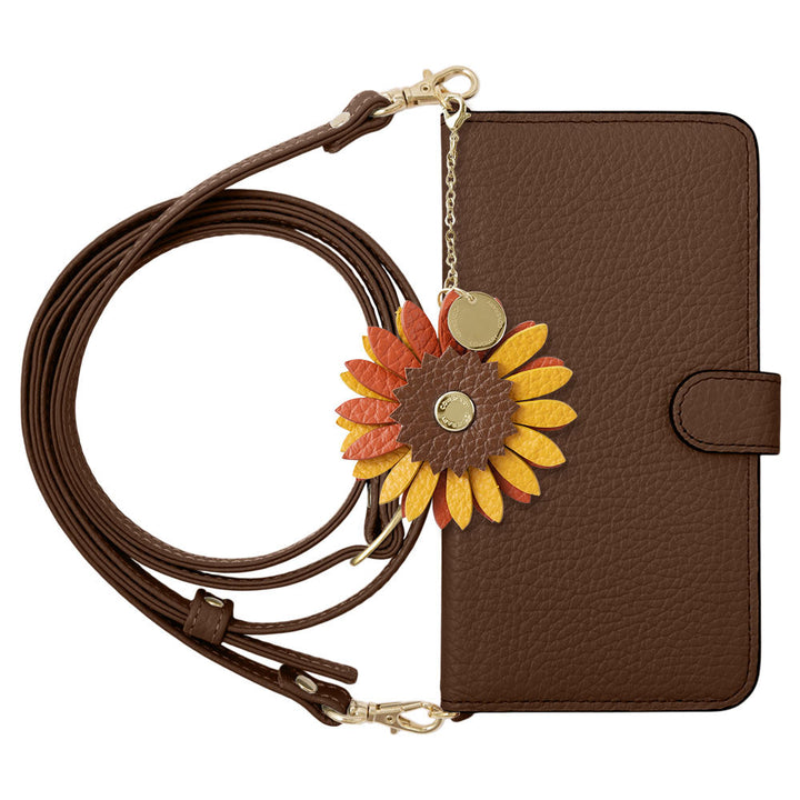 Étui portefeuille en cuir véritable 32 couleurs cuir italien grainé avec breloque fleur réelle et bandoulière (avec ceinture) pour la série Google Pixel