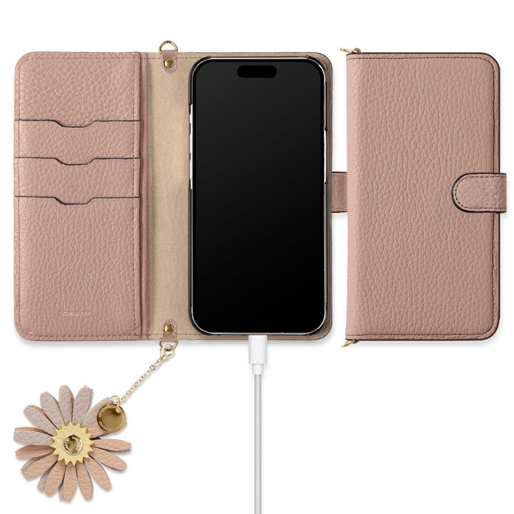 Cuir véritable 32 couleurs cuir italien grainé Charm initial motif Avec bandoulière Étui portefeuille (avec ceinture)