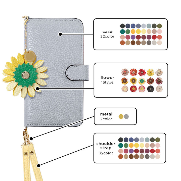 Genuine Leather 32 Colors Italian Shrink Leather Real Flower Charm With Shoulder Strap Notebook Case (With Belt) AQUOS Series