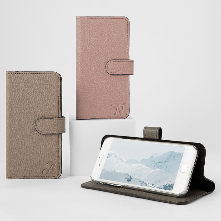 Étui portefeuille en cuir véritable italien à grain rétréci avec initiales et fonction support (avec ceinture) pour la série Google Pixel