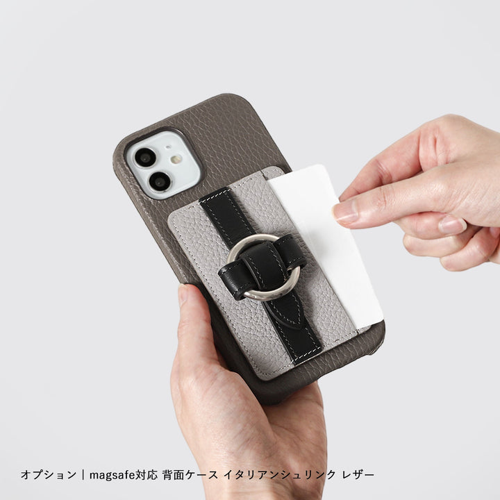 MagSafe-compatible genuine leather card pocket with ring buckle strap, 32 colors, Italian shrink leather